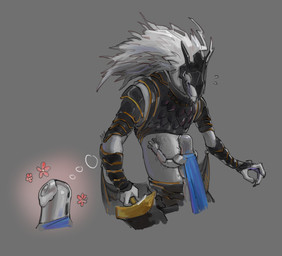 ambiguous_gender anthro armor cape clothing duo fur grey_body grey_fur hair headgear helmet hug knight larger_anthro male size_difference smaller_ambiguous smaller_human warrior white_hair vu06 elden_ring fromsoftware maliketh_(elden_ring) tarnished_(elden_ring) canid canine human mammal monster absurd_res hi_res