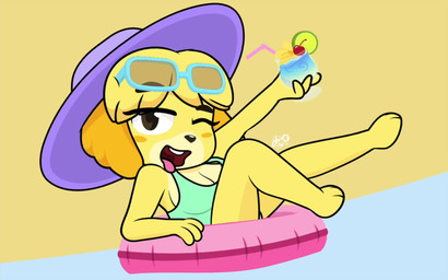 alcohol beverage blush blush_stickers clothing cocktail cocktail_garnish cocktail_glass container cup drinking_glass eyewear female glass glass_container glass_cup hat headgear headwear one-piece_swimsuit one_eye_closed sun_hat sunglasses swim_ring swimwear wink dm29 animal_crossing nintendo isabelle_(animal_crossing) canid canine canis domestic_dog mammal shih_tzu toy_dog 16:10 animated hi_res loop short_playtime sound video widescreen