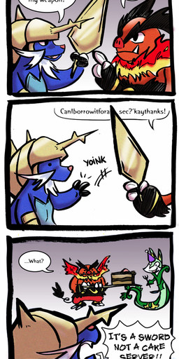 ambiguous_gender anthro cake clothing cutlery dessert fire flaming_hair flaming_mane food fork gradient_background group hat headgear headwear kitchen_utensils melee_weapon party_hat pseudo_hair pseudo_mane simple_background starter_trio sword text tools weapon the-chu nintendo pokemon emboar generation_5_pokemon pokemon_(species) samurott serperior comic english_text hi_res