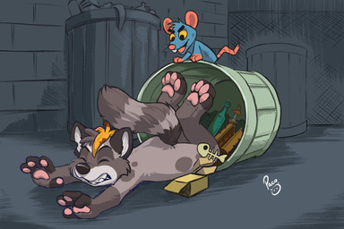 anthro bared_teeth black_nose duo eyes_closed fingerpads fur grey_body grey_fur logo lying male markings nude on_front open_mouth open_smile outside pawpads pink_ears pink_nose pink_pawpads pink_tail smile striped_markings striped_tail stripes tail tail_markings trash young young_anthro young_male pandapaco mammal mouse murid murine procyonid raccoon rodent 3:2 artist_logo hi_res signature