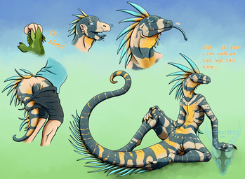 anthro infection leaning leaning_backward long_neck long_tail male neck_muscles sitting snout solo spikes tail tailburst tapering_tail thick_tail tongue tongue_out transformation transformation_through_bite wide_crotch dexterthederg hybrid iguana iguanid lizard monitor_lizard reptile scalie hi_res