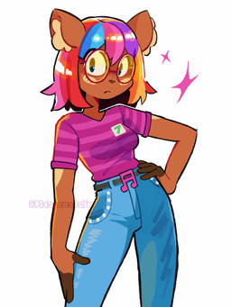 anthro belt belt_buckle blue_eyes blue_hair blush bottomwear breasts brown_body brown_fur buckle cheek_spots clothing countershade_arms countershading denim denim_bottomwear denim_clothing eyelashes eyewear female fingerless_(marking) fur glasses hair hand_on_hip inner_ear_fluff jeans multicolored_hair orange_hair pants pattern_clothing pattern_shirt pattern_topwear pink_clothing pink_hair pink_shirt pink_topwear purple_hair red_hair round_glasses shirt simple_background solo striped_clothing striped_shirt striped_topwear stripes tan_body tan_fur text topwear tuft white_background c0denamedelta melody_nosurname deer mammal 2024 3:4 absurd_res artist_name hi_res trans_(lore) trans_woman_(lore)