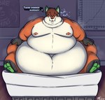 anthro bed belly big_belly business chart chubby_cheeks furniture huge_belly male moobs morbidly_obese morbidly_obese_anthro morbidly_obese_male navel obese obese_anthro obese_male on_bed overweight overweight_anthro overweight_male poster sitting sitting_on_bed solo text thick_thighs weight_gain tanio tarrien canid canine fox mammal 2024 english_text