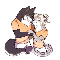 anthro biped black_body black_fur blonde_hair clothing duo eyes_closed female fur grey_body grey_fur grin hair kissing_cheek male orange_clothing simple_background smile tail teeth white_background white_body white_fur jarvis0201 blizzard_entertainment overwatch mercy_(overwatch) pharah_(overwatch) canid canine canis felid mammal pantherine snow_leopard wolf