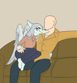 amber_(gem) amber_(material) anthro arm_around_partner arm_around_waist bald biped blue_body blue_scales bone_frill bottomwear brown_clothing brown_shirt brown_topwear canon_couple clothed clothed_anthro clothed_female clothed_human clothed_male clothing duo feathered_wings feathers feet female fingers frill_(anatomy) front_view furniture grey_body grey_bottomwear grey_clothing grey_feathers grey_hair grey_pants hair hand_on_hand hand_on_hip happy human_on_anthro humanoid_feet humanoid_hands interspecies jacket jewelry long_hair looking_at_another male male/female markings necklace on_lap orange_eyes pants plantigrade romantic romantic_couple scales shirt simple_background sitting sitting_on_lap sofa striped_markings stripes tan_background topwear wings yellow_clothing yellow_jacket_(clothing) yellow_topwear shrek_360_onionscope cavemanon_studios goodbye_volcano_high snoot_game anon_(snoot_game) fang_(gvh) human mammal prehistoric_species pterodactylus pterosaur reptile scalie 2024 colored hi_res