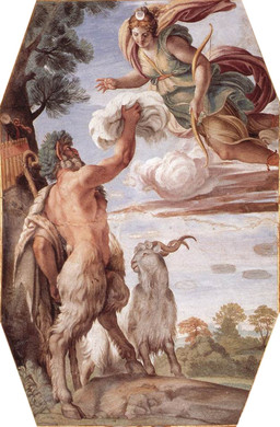 beard biped bow_(weapon) breasts clothed clothing cloud detailed_background digitigrade dress facial_hair female feral floating fur group hair hooves horn male musical_instrument outside pan_flute plant ranged_weapon realistic renaissance smile tree trio weapon wind_instrument woodwind_instrument annibale_carracci european_mythology greek_mythology mythology artemis_(greek_mythology) pan_(mythology) bovid caprine deity goat human humanoid mammal satyr 16th_century ancient_art formal_art traditional_media_(artwork)