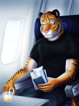 aircraft airplane anthro beverage bottomwear clothing countershading food inside_airplane male pants seat shirt solo stripes tail ticket topwear vehicle window dream_and_nightmare felid mammal pantherine tiger 3:4 hi_res