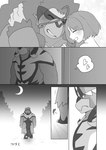 anthro eavesdropping eyes_closed female female_on_anthro human_on_anthro interspecies male male/female sad text apple_pot nintendo pokemon gloria_(pokemon) generation_8_pokemon human legendary_pokemon mammal pokemon_(species) primate rapid_strike_style_urshifu rillaboom urshifu absurd_res comic hi_res japanese_text monochrome translated