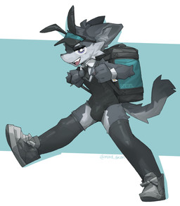 anthro backpack bulge clothing fake_ears fake_rabbit_ears footwear hat headgear headwear legwear male necktie shoes simple_background sneakers solo stockings choecoga canid canine mammal absurd_res hi_res