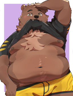 anthro belly big_belly brown_body brown_fur bulge clothed clothing clothing_lift cute_fangs fangs fur kemono male moobs navel nipples overweight overweight_male shirt shirt_lift simple_background solo standing teeth topwear underwear en_1_9 bear mammal 2025 absurd_res hi_res
