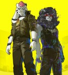 anthro belt bulletproof_vest clothing cybernetic_arm cybernetic_limb cybernetics cyberpunk dog_tags duo eyewear fur grey_body grey_fur grey_hair grey_mane grey_nose hair high_collar hologram jacket machine male mane mane_hair multicolored_body multicolored_fur pink_hair pose serious simple_background standing sunglasses topwear white_body white_fur yellow_background sharbee cyberpunk_2077 undertale undertale_(series) asriel_dreemurr_(god_form) johnny_silverhand_(cyberpunk_2077) keanu_reeves lion_central boss_monster_(undertale) bovid caprine cyborg felid lion mammal pantherine 2021 hi_res signature