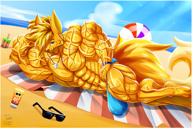 anthro beach big_bulge big_muscles border bulge clothed clothing detailed_bulge huge_muscles hyper hyper_muscles looking_at_viewer lying male muscular muscular_male on_side outside sand solo striated_muscles thong thong_only topless underwear underwear_only vein veiny_muscles white_border taiko-sihori canid canine fennec_fox fox mammal true_fox hi_res
