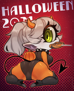 1_eye bodysuit boots breasts butt candy clothing collar dessert female food footwear fruit green_eyes hair high_heeled_boots high_heels holidays horn humanoid_pointy_ears legwear leotard lollipop looking_at_viewer looking_back plant pointy_ears pumpkin shoes shortstack shortstack_female skinsuit solo spade_tail spiked_collar spikes tail thigh_boots thigh_highs tight_clothing white_hair zombiemiso halloween cyclops humanoid mammal 2021 hi_res