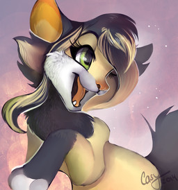 bare_shoulders black_body black_fur black_hair black_tail blonde_hair brown_hair cheek_tuft eyelashes facial_tuft fangs female feral fur green_eyes hair happy long_hair multicolored_body multicolored_fur multicolored_hair pink_nose pink_tongue purple_background simple_background smile solo tail tan_body tan_fur teeth tongue tongue_out tuft two_tone_hair white_body white_fur casynuf domestic_cat felid feline felis mammal 2014 digital_media_(artwork) hi_res portrait source_request three-quarter_portrait