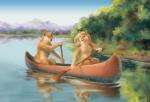 5_fingers anthro boat canoe day detailed_background duo female fingers male outside vehicle water watercraft goldendruid canid canine canis domestic_dog mammal 2019 digital_media_(artwork)