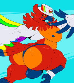 anthro beak biceps big_bulge big_butt big_muscles black_nipples bubble_butt bulge butt clothed clothing feathers feet hat headgear headwear male multicolored_body multicolored_feathers muscular muscular_anthro muscular_male navel nipples pecs rainbow_body rainbow_feathers red_body red_feathers solo talons thick_thighs thong toes top_hat topless underwear wide_hips wings reagan700 european_mythology greek_mythology kings_of_hell mythology phenex_(kings_of_hell) avian bird mythological_avian mythological_bird mythological_creature mythological_firebird phoenix hi_res