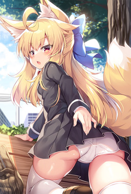 5_fingers accessory ahoge backpack bench biped black_bottomwear black_clothing black_shirt black_skirt black_topwear blonde_hair blue_bow blue_ribbon blush bottomwear bow_(feature) bow_accessory bow_ribbon building butt camel_toe clothed clothing cloud day detailed_background dipstick_tail female fingers fluffy fluffy_tail footwear fully_clothed fur glistening glistening_body glistening_clothing glistening_legwear glistening_skin hair hair_accessory hair_bow hair_ribbon humanoid_hands inner_ear_fluff legwear long_hair looking_at_viewer looking_back looking_back_at_viewer low-angle_view markings miniskirt monotone_hair multicolored_body multicolored_fur multicolored_tail open_mouth outside panties park park_bench plant public rear_view ribbons shirt shoes shrub skindentation skirt sky solo tail tail_markings thigh_highs three-quarter_view topwear tree tuft two_tone_body two_tone_fur two_tone_tail underwear upskirt white_body white_clothing white_fur white_inner_ear_fluff white_legwear white_panties white_tail white_thigh_highs white_underwear yellow_body yellow_ears yellow_eyes yellow_fur yellow_tail roshin animal_humanoid canid canid_humanoid canine canine_humanoid fox_humanoid humanoid mammal mammal_humanoid colored digital_media_(artwork) portrait shaded three-quarter_portrait