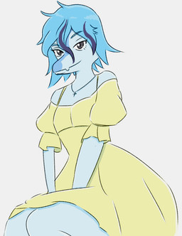 anthro blue_body blue_hair blue_highlights blue_scales clothed clothing cross cross_necklace crossgender dress female grey_eyes hair highlights_(coloring) jewelry looking_at_viewer necklace scales short_hair simple_background sitting smile snout solo white_background yellow_clothing yellow_dress unknown_artist goodbye_volcano_high ko_op_(game_developer) nick_(gvh) baryonyx dinosaur prehistoric_species reptile saurischian scalie spinosaurid theropod 2023 colored digital_drawing_(artwork) digital_media_(artwork) male_(lore)
