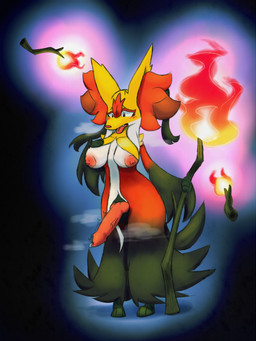 anthro blush bodily_fluids breasts broom cleaning_tool erection fire fur genital_fluids genitals gynomorph hair inner_ear_fluff intersex nipples penis precum red_body red_fur simple_background solo tail tongue tongue_out tuft yellow_body yellow_fur anonymous_artist nintendo pokemon pokemon_legends_z-a generation_9_pokemon mega_delphox mega_evolution pokemon_(species) 3:4 digital_media_(artwork) hi_res