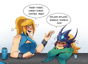 alcohol arm_fin beer beverage beverage_can blonde_hair blush container crossover_ship crown cup dialogue drinking_glass drunk duo female female/female fin flirting furniture glass glass_container glass_cup hair headgear ponytail resting_on_arms shot_glass speech_bubble split_form substance_intoxication table thehornyzen league_of_legends metroid nintendo riot_games tencent nami_(lol) samus_aran aquatic human humanoid mammal merfolk crossover hi_res