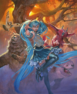 5_fingers ambiguous_gender beak blue_hair bottomwear breasts brown_body brown_fur bubble clothing feathered_wings feathers female feral fingers flying fur group hair horn legwear long_hair looking_at_viewer on_one_leg open_mouth pigtails plant red_body red_fur shirt skirt standing tail thigh_highs topwear tree wings jesper_ejsing hasbro magic:_the_gathering vocaloid wizards_of_the_coast yamaha_corporation hatsune_miku aquatic avian bear bird fish human mammal owl hi_res official_art