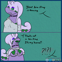 antennae_(anatomy) breast_grab breasts choker clothed clothing clothing_lift eye_bags green_eyes hand_on_breast heart_symbol horn jewelry necklace open_mouth purple_body shirt shirt_lift snaggle_tooth tail text tired topwear velvet706 nintendo pokemon velvet_the_gooey_dragon generation_6_pokemon goodra pokemon_(species) 1:1 english_text watermark