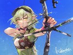 blush bow_(weapon) clothing day female green_hair hair headgear headwear humanoid_pointy_ears long_hair not_furry pointy_ears ranged_weapon solo weapon lxkate goblin_slayer high_elf_archer_(goblin_slayer) elf humanoid 2021 4:3 absurd_res dated hi_res signature