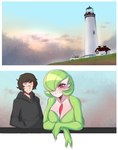 blush breasts car clothing cloud duo female green_hair hair hair_over_eye hoodie lighthouse male not_furry outside red_eyes topwear vehicle saltyxodium nintendo pokemon gardevoir generation_3_pokemon human mammal pokemon_(species) 2024 colored digital_media_(artwork) hi_res