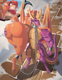 4_toes 5_fingers aged_up anthro anthrofied big_breasts big_butt bottomwear bracelet breasts breath brown_body brown_fur brown_hair butt butt_grab camel_toe carrying_another chain chained_collar chained_cuffs chained_together chest_wraps claws clothed clothing collar dominant dominant_male dragon_wings duo facial_spikes feet female fingers fur grass grope hair hand_on_butt hand_on_shoulder hooves horn humanoid_hands jaw_spikes jewelry loincloth loincloth_only male muscular muscular_male neck_spikes outside path plant predator/prey purple_body purple_scales rear_view scales scut_tail short_tail shoulder_carry snow spiked_collar spikes spikes_(anatomy) standing submissive submissive_female tail teeth thick_thighs toes topless wraps hiverdose activision mythology spyro_the_dragon balloonist_spyro elora spyro deer dragon faun_(spyro) mammal mythological_creature mythological_scalie scalie absurd_res digital_media_(artwork) hi_res