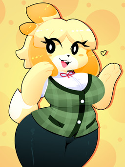anthro black_eyes blonde_hair blush blush_stickers bottomwear cardigan clothing female hair heart_symbol pants solo xan-gelx animal_crossing nintendo isabelle_(animal_crossing) canid canine canis domestic_dog mammal 3:4 hi_res