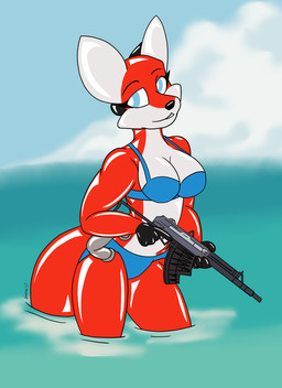 anthro bikini breasts clothed clothing female gun handles_on_waist inflatable looking_at_viewer ranged_weapon red_body rifle solo swimwear two-piece_swimsuit underwear underwear_only weapon simonov animate_inanimate canid canine fox living_inflatable living_pool_toy mammal red_fox true_fox hi_res