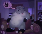 abandonment detailed_background fast_food food hi_res jesper_(nothereboi) logan_(nothereboi) male mammal messy_room morbidly_obese morbidly_obese_male nothereboi obese obese_male overweight overweight_male procyonid raccoon trash worried