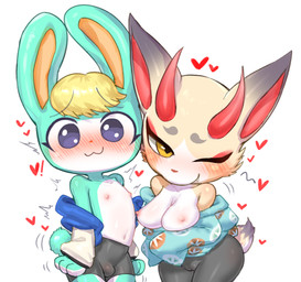 :3 anthro areola asian_clothing big_breasts blonde_hair blue_eyes blush bottomwear breast_rest breasts bulge camel_toe clothed clothing duo east_asian_clothing female hair jacket japanese_clothing kimono looking_at_viewer male navel nipples off_shoulder one_eye_closed pants scut_tail short_tail shorts simple_background smile spandex spandex_shorts tail tight_bottomwear tight_clothing tight_shorts topwear white_background wink yellow_eyes hanuvo animal_crossing nintendo sasha_(animal_crossing) shino_(animal_crossing) deer lagomorph leporid mammal rabbit 2021 digital_media_(artwork) hi_res shaded adult_(lore)
