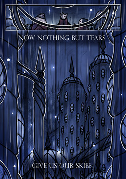 2_panel_comic ambiguous_gender anthro biped city clothed clothing detailed_background group raining text white_text window netmors hollow_knight_(franchise) team_cherry arthropod 2019 absurd_res comic english_text hi_res