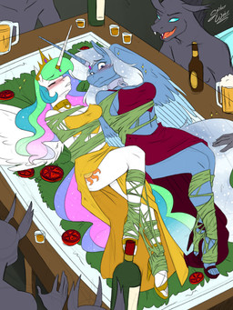 alcohol anthro beer beer_bottle beverage blush bottle bound bound_female changeling_goo clothing collar container crown exhibitionism female food footwear fruit furniture group headgear high_heels horn horn_jewelry horn_ring jewelry male midriff on_display plant platter ring_(jewelry) shoes table tiara tomato wine_bottle wings spiderweber friendship_is_magic hasbro my_little_pony mythology drone_(mlp) fan_character princess_celestia_(mlp) princess_tatiana_(crosis278) changeling_(mlp) equid equine mammal mythological_creature mythological_equine winged_unicorn 3:4 absurd_res hi_res