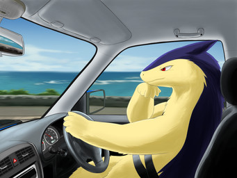 ambiguous_gender anthro blue_body blue_fur blue_sky car day detailed_background driving driving_car fur hand_on_chin hand_under_chin inside_car inside_vehicle mirror mouth_closed plant red_eyes right-hand_drive road seat_belt side_view sitting sky solo steering_wheel tan_body tan_fur vehicle water beno nintendo pokemon generation_2_pokemon pokemon_(species) typhlosion 4:3 absurd_res digital_media_(artwork) hi_res