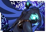 3_eyes 5_fingers abs anthro biceps biped black_body blue_body bodily_fluids breasts bulge cape clothing detailed_background fingers holding_object holding_weapon looking_at_viewer male mask mask_only melee_weapon multi_eye muscular muscular_anthro muscular_male nipples nude pecs polearm pose ranged_weapon simple_background solo spear standing text thick_thighs underwear weapon wearing_mask wide_hips torinohito riot_games tencent valorant omen_(valorant) humanoid absurd_res hi_res