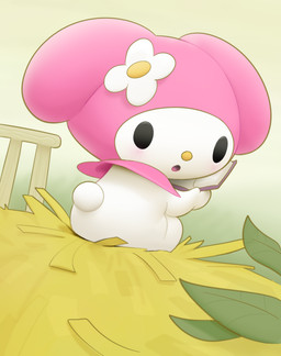 anthro blush book chibi clothing dutch_angle ears_down female flower_on_head headgear headwear holding_book holding_object leaf looking_at_viewer looking_back on_model pink_clothing pink_headwear pivoted_ears sitting solo white_body inkune onegai_my_melody sanrio my_melody lagomorph leporid mammal rabbit