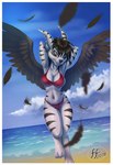 3_toes anthro beach bikini black_body black_feathers black_hair blue_eyes blue_sky border bra breasts clothing cloud ear_piercing feathered_wings feathers feet female fur hair hands_behind_head landscape_background looking_at_viewer panties piercing seaside sky smile solo spread_wings striped_body stripes swimwear toes two-piece_swimsuit underwear white_body white_border white_fur wings fernando_faria slightly_damned sakido_elexion canid canine demon mammal wind_demon_(slightly_damned) 2018