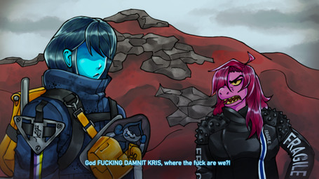 ambiguous_gender annoyed anthro backpack blue_body blue_skin clothing dark_hair dialogue duo exclamation_point eyeless female hair hair_over_eye harness hill leather leather_clothing lgbt_pride long_hair looking_at_another male nonbinary_pride_colors parody pink_body pink_skin pride_colors profanity purple_hair question_mark shadowed_eyes sharp_teeth sky suit talking_to_another teeth text text_on_clothing yellow_eyes yellow_teeth emerald_4-ce death_stranding deltarune kris_where_are_we undertale_(series) kris_dreemurr lancer_(deltarune) susie_(deltarune) darkner human humanoid mammal reptile scalie 16:9 crossover english_text hi_res meme widescreen nonbinary_(lore)