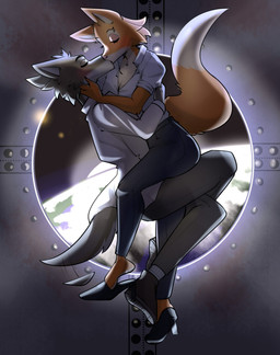 anthro breasts canon_couple cleavage clothed clothing cuddling duo earth eyebrow_piercing eyes_closed facial_piercing female floating footwear fur high_heels hug interspecies interspecies_romance kissing loose_footwear love male male/female orange_body orange_fur piercing planet romantic romantic_ambiance romantic_couple shoe_dangle shoes space tail zero_gravity zevulpes dreamworks the_bad_guys diane_foxington mr._wolf_(the_bad_guys) canid canine canis fox mammal wolf 2025 digital_media_(artwork) hi_res