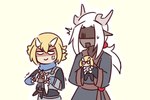 3:2 angry blonde_hair clawed_hands doll duo hair horn horned_humanoid humanoid humanoid_pointy_ears male monster_girl_(genre) shriekingmagpie simple_background white_hair