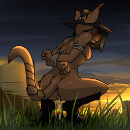 anthro anus blush bodily_fluids boots bound breasts butt clothing crouching female female_peeing footwear fur genital_fluids genitals grass hair hands_behind_back hands_behind_head hands_tied hands_tied_behind_back hat headgear headwear looking_back nipples nude outdoor_nudity outside peeing peeing_on_ground peeing_outside plant rope shoes solo tail urine urine_on_ground urine_stream vulva ryofox630 felid feline felis mammal 1:1 digital_media_(artwork) hi_res