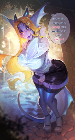2_horns 4_toes 5_fingers alley anthro big_breasts bottomwear bra bracelet breasts clothing curvy_figure detailed_background dialogue eyebrow_through_hair eyebrows eyelashes eyelashes_through_hair feet female fingers footwear garter_straps hair hand_behind_head high_heels horn jewelry lace lace_bra legwear long_hair looking_at_viewer markings miniskirt narrowed_eyes non-mammal_breasts open_mouth open_smile orange_hair outside pencil_skirt purple_body raining shirt shoes skirt smile smiling_at_viewer solo speech_bubble spots spotted_markings squish tail talking_to_viewer text thick_thighs thigh_highs thigh_squish tight_clothing toeless_footwear toes topwear translucent translucent_clothing translucent_hair translucent_shirt translucent_topwear underwear wet wet_clothing wet_shirt wet_topwear wide_hips yellow_eyes ulitochka mythology nendari_(ulitochka) aquatic aquatic_dragon dragon mythological_creature mythological_scalie scalie 2024 absurd_res digital_media_(artwork) english_text hi_res