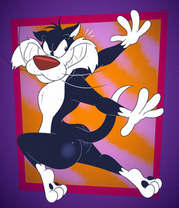 3_toes 4_fingers anthro belly bent_legs big_butt biped black_body black_eyes black_fur black_pawpads bubble_butt butt cheek_tuft clenched_teeth curling_tail curvy_figure devious devious_grin dipstick_tail ears_outwards evil_grin facial_tuft feet fingers fur glance glancing_back glistening glistening_butt gloves_(marking) head_tuft humanoid_hands humanoid_heel jumping leg_markings lines_drawn looking_at_viewer looking_back looking_back_at_viewer male markings midair nude open_mouth open_smile pawpads pecs pivoted_ears plantigrade pose raised_tail rear_view red_nose slightly_chubby slightly_chubby_anthro slightly_chubby_male smile smug smug_expression smug_eyes smug_face smug_grin socks_(marking) soles solo tail tail_markings teeth toes toony toothy_grin tuft whisker_spots whiskers white_belly white_body white_feet white_fur white_hands white_sclera white_tail_tip wide_hips gavanzude looney_tunes warner_brothers sylvester_(looney_tunes) domestic_cat felid feline felis mammal tuxedo_cat 2026 alternate_version_at_paywall colored digital_drawing_(artwork) digital_media_(artwork) flat_colors hi_res pinup signature