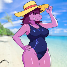 anthro beach_background biped blue_one-piece_swimsuit blue_sky breasts clothing depth_of_field female freckles hair hair_over_eye magenta_hair navel navel_outline nipples non-mammal_breasts non-mammal_navel non-mammal_nipples one-piece_swimsuit outside photo_background pose purple_body sky snaggle_tooth solo summer_hat swimwear thick_thighs three-quarter_view wide_hips angiebootz deltarune undertale_(series) susie_(deltarune) reptile scalie 1:1 2025 absurd_res digital_drawing_(artwork) digital_media_(artwork) hi_res photography_(artwork) portrait three-quarter_portrait