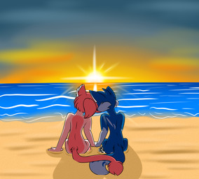 anthro beach duo female hand_holding heads_together male nude sea shadow sitting sun sunset tail water ryofox630 ryo_(ryofox630) canid canine domestic_cat felid feline felis fox mammal absurd_res hi_res