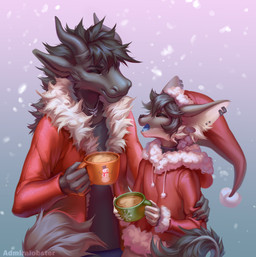 anthro black_hair blue_bottomwear blue_clothing bottomwear cheek_tuft christmas_clothing christmas_headwear clothed clothing container cup duo ear_piercing ear_ring ear_stud eyes_closed facial_tuft fur grey_body grey_clothing grey_fur grey_topwear hair hat headgear headwear holding_container holding_cup holding_mug holding_object holidays jacket male mug open_mouth open_smile piercing red_clothing red_jacket red_topwear ring_piercing santa_hat short_hair simple_background smile standing text topwear tuft white_body white_fur admiralobster christmas mythology dragon felid furred_dragon furred_scalie mammal mythological_creature mythological_scalie scalie artist_name hi_res