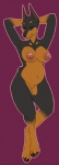 anthro belly breasts eyes_closed female hands_behind_head navel nipples nude simple_background slightly_chubby smile solo standing pregoo brooke_(gbg) canid canine canis dobermann domestic_dog mammal pinscher