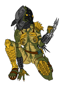 armor blade_arm breasts clothed clothing crouching dreadlocks female genitals mask not_furry skimpy solo unconvincing_armor vulva wide_hips unknown_artist predator_(franchise) alien yautja